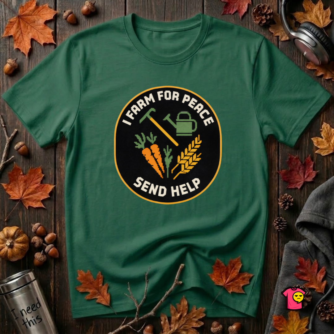 I Farm For Peace -- Send Help sarcastic graphic t-shirt in Evergreen by Snarky Sarks