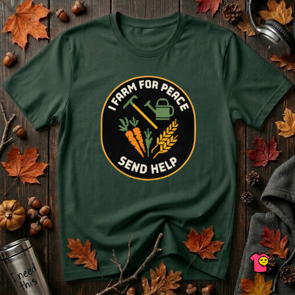 I Farm For Peace -- Send Help sarcastic graphic t-shirt in Forest by Snarky Sarks