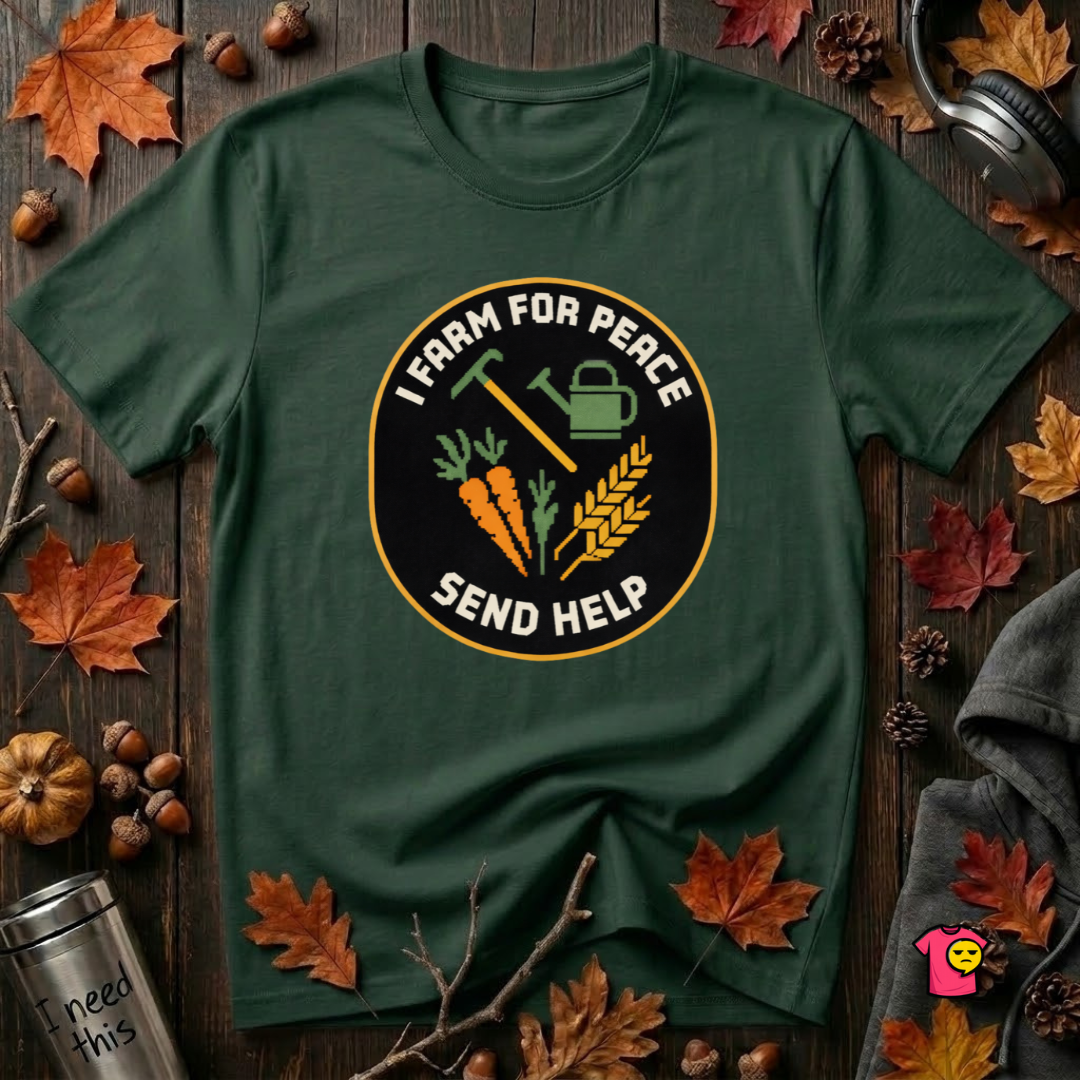 I Farm For Peace -- Send Help sarcastic graphic t-shirt in Forest by Snarky Sarks