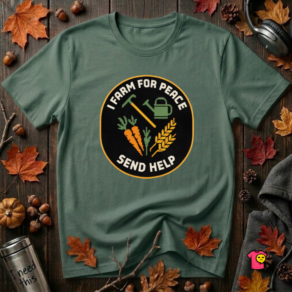 I Farm For Peace -- Send Help sarcastic graphic t-shirt in Heather Forest by Snarky Sarks