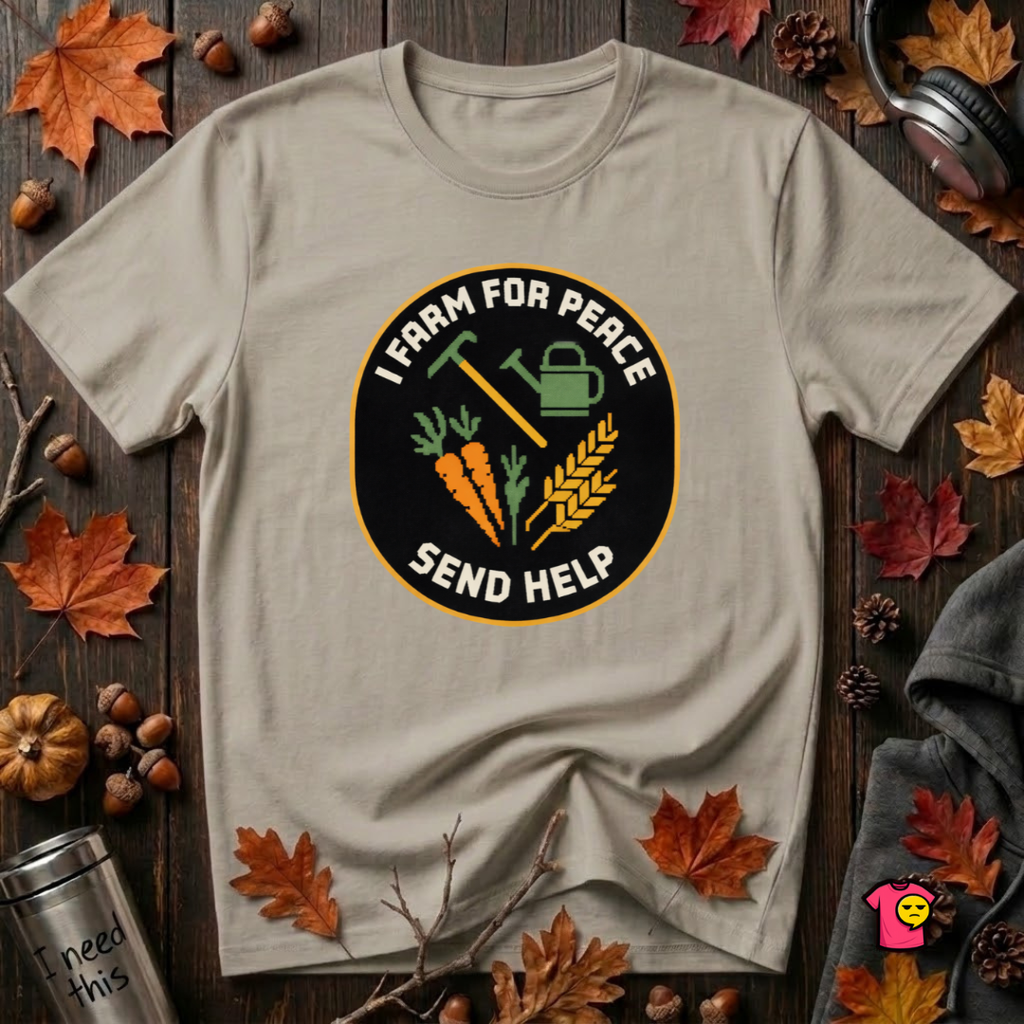 I Farm For Peace -- Send Help sarcastic graphic t-shirt in Heather Stone by Snarky Sarks