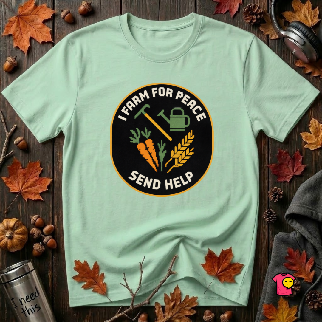 I Farm For Peace -- Send Help sarcastic graphic t-shirt in Mint by Snarky Sarks