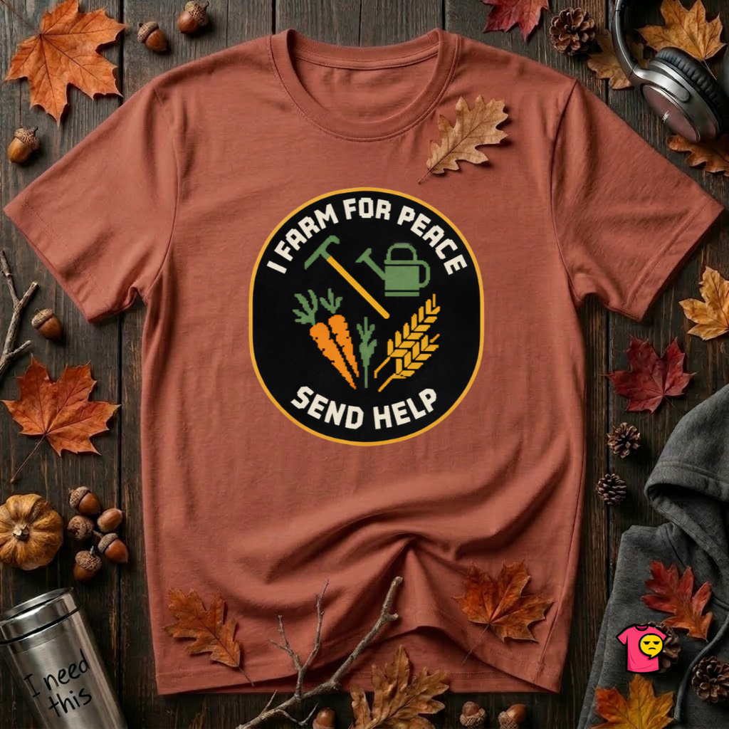 I Farm For Peace -- Send Help sarcastic graphic t-shirt in Rust by Snarky Sarks