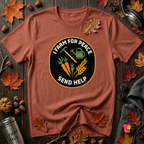 I Farm For Peace -- Send Help sarcastic graphic t-shirt in Rust by Snarky Sarks