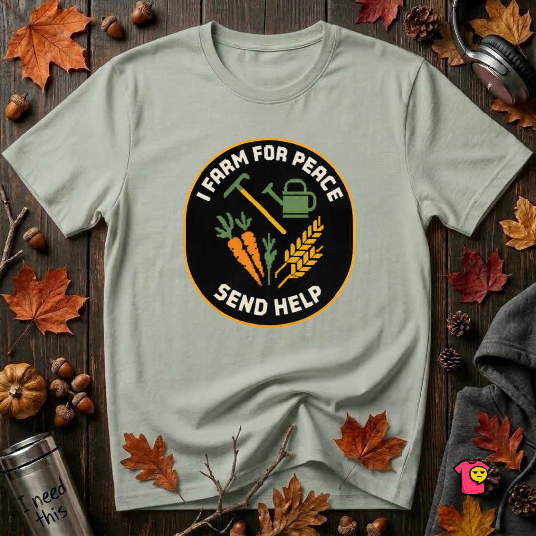 I Farm For Peace -- Send Help sarcastic graphic t-shirt in Sage by Snarky Sarks