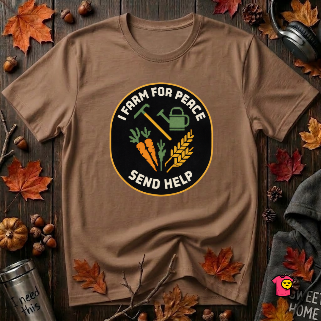I Farm For Peace -- Send Help sarcastic graphic t-shirt in Sand Dune by Snarky Sarks
