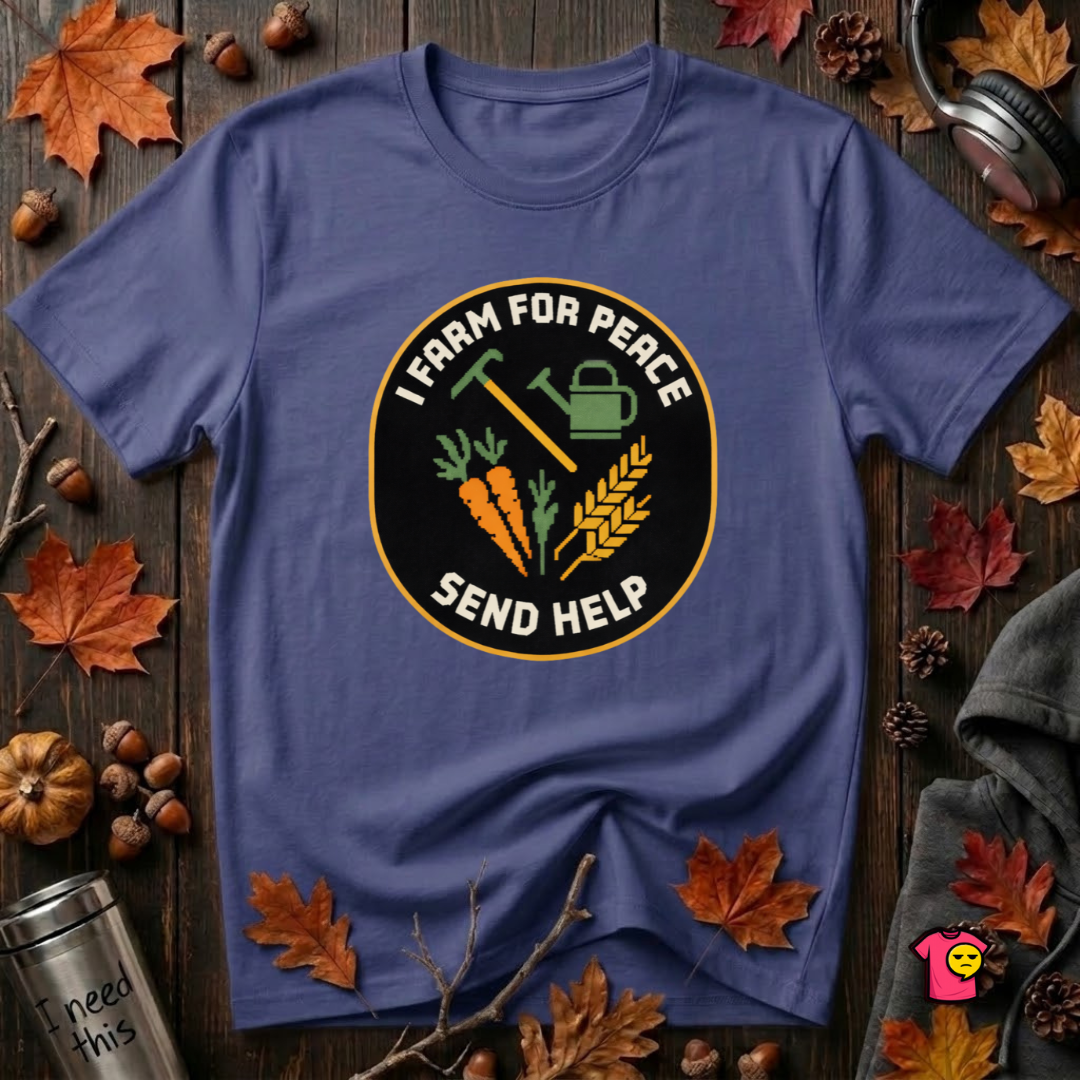 I Farm For Peace -- Send Help sarcastic graphic t-shirt in Team Navy by Snarky Sarks