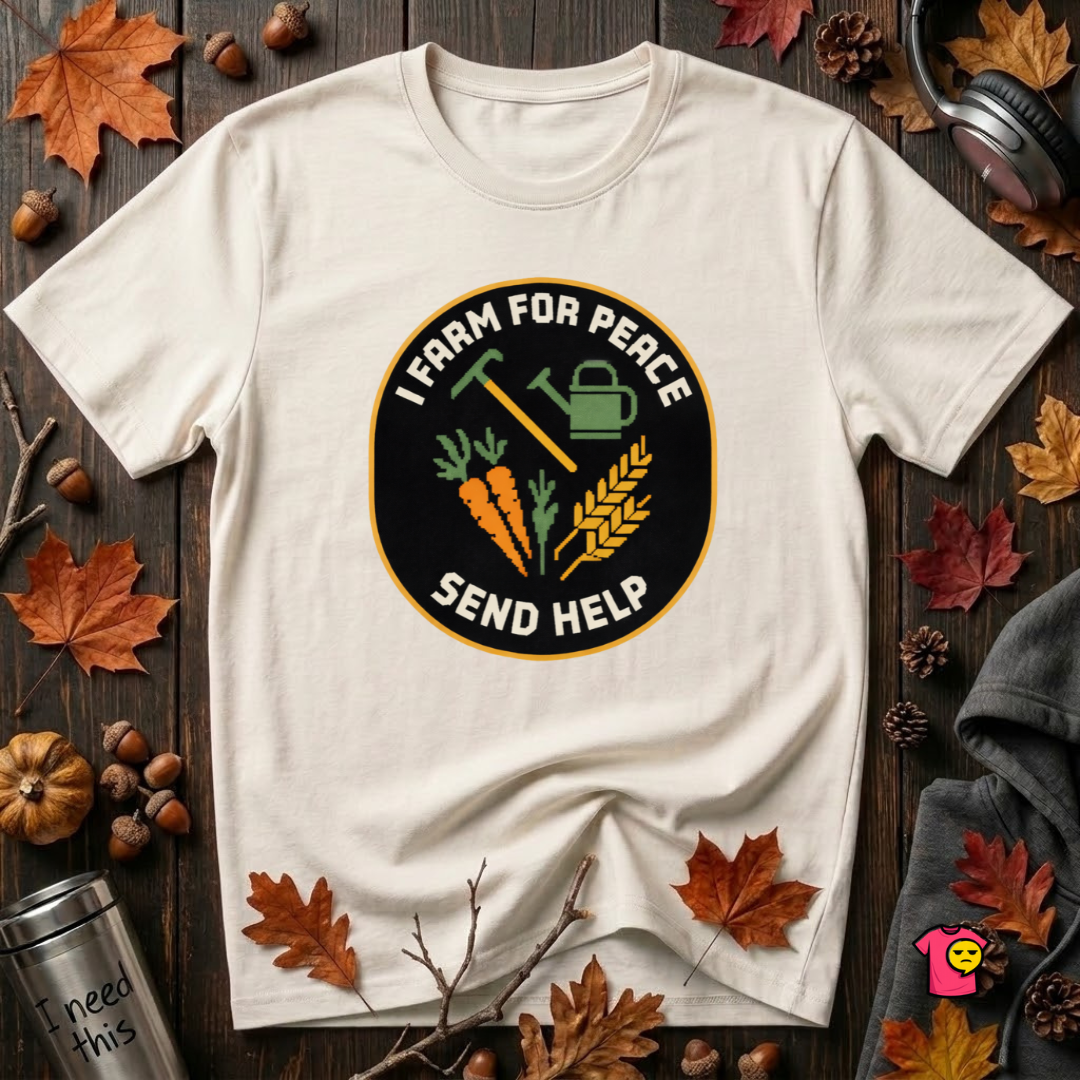 I Farm For Peace -- Send Help sarcastic graphic t-shirt in White by Snarky Sarks