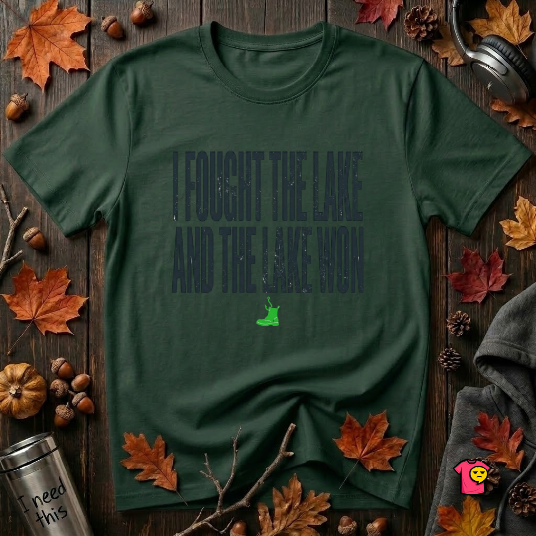 I Fought the Lake and the Lake Won sarcastic graphic t-shirt in Forest by Snarky Sarks