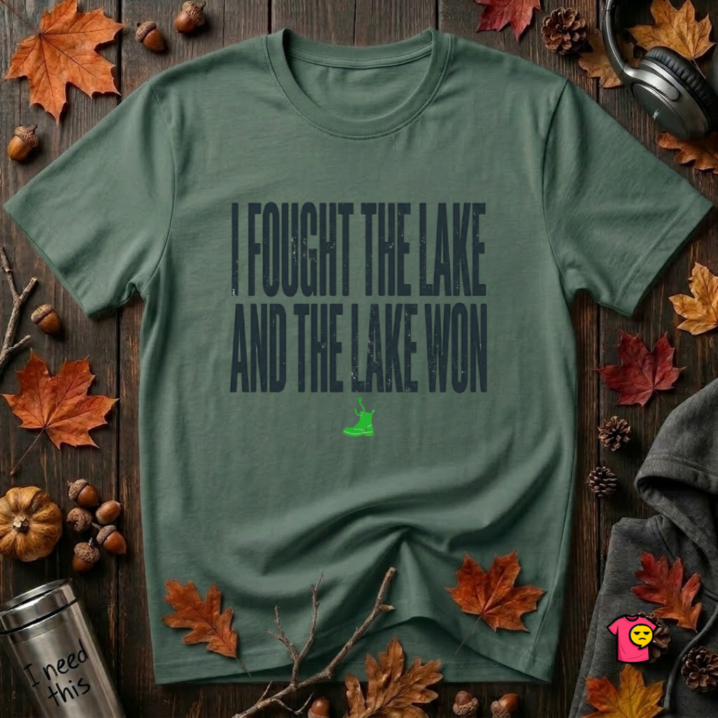 I Fought the Lake and the Lake Won sarcastic graphic t-shirt in Heather Forest by Snarky Sarks