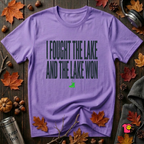 I Fought the Lake and the Lake Won sarcastic graphic t-shirt in Heather Team Purple by Snarky Sarks