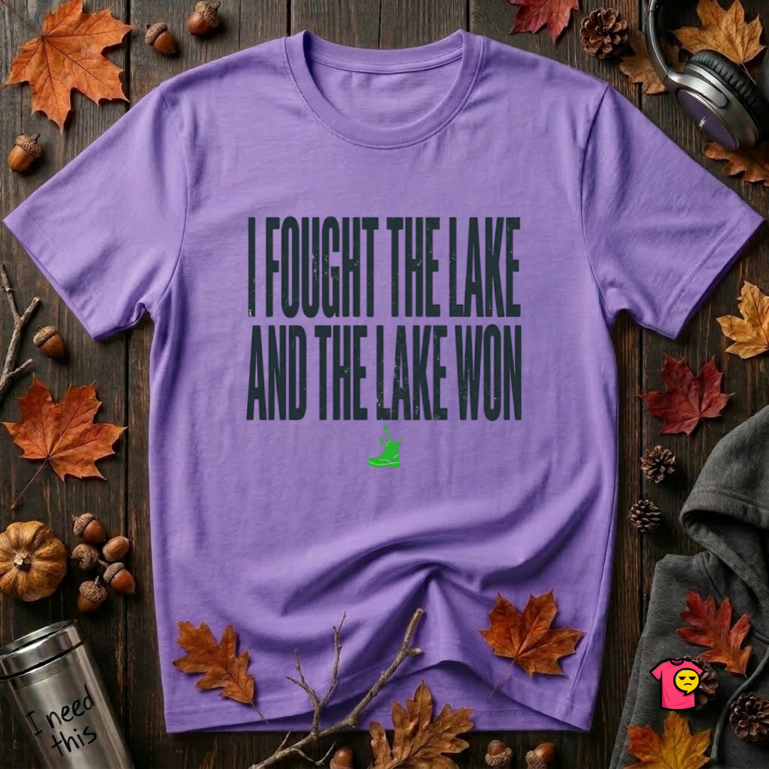 I Fought the Lake and the Lake Won sarcastic graphic t-shirt in Heather Team Purple by Snarky Sarks