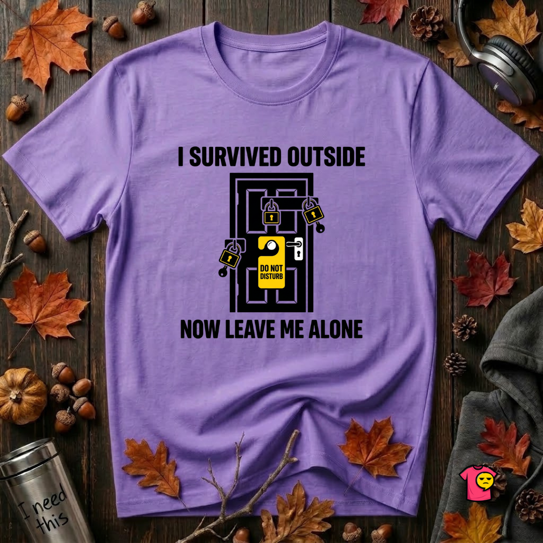 I Survived Outside...Leave Me Alone sarcastic graphic t-shirt in Heather Team Purple by Snarky Sarks