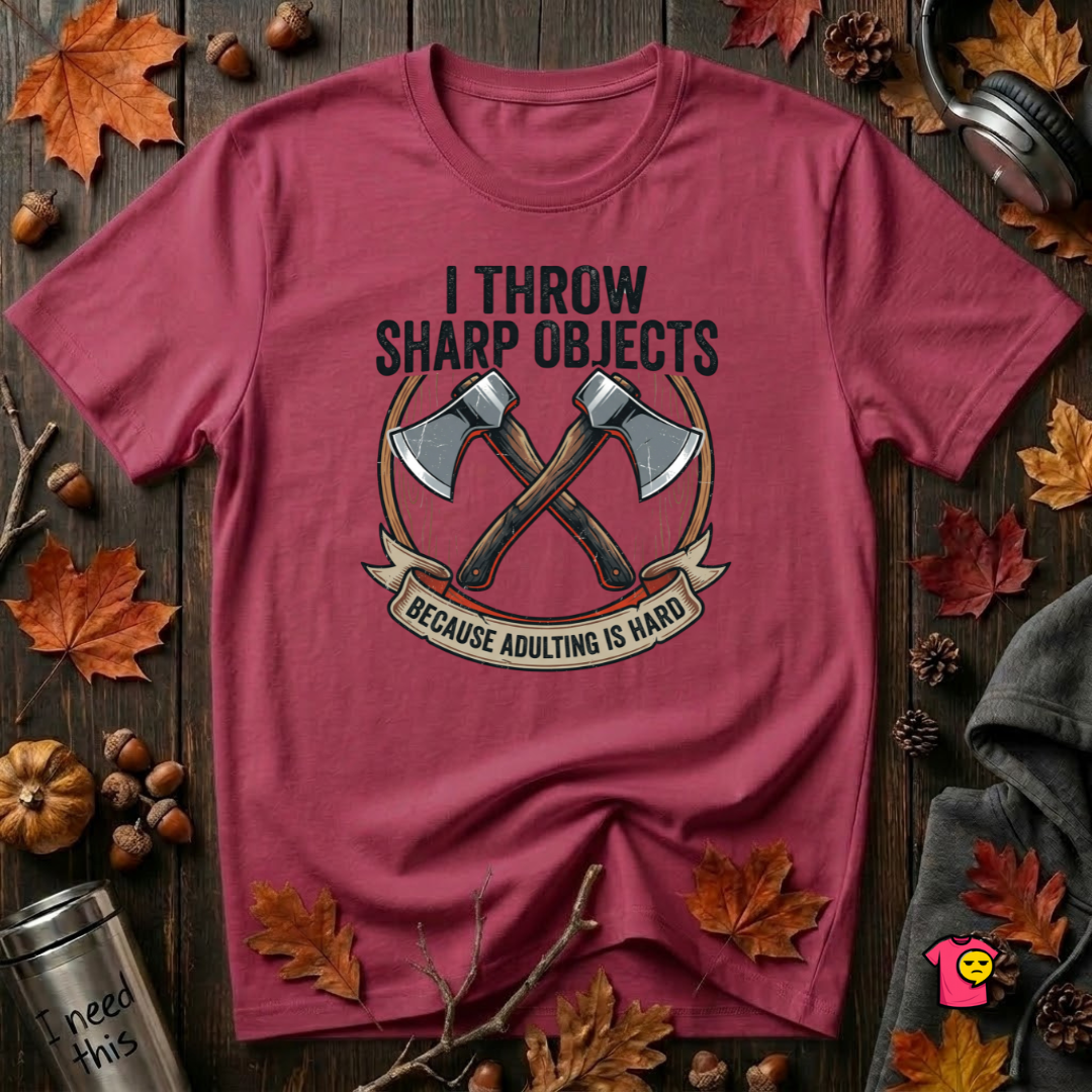 I Throw Sharp Objects sarcastic graphic t-shirt in Cardinal by Snarky Sarks