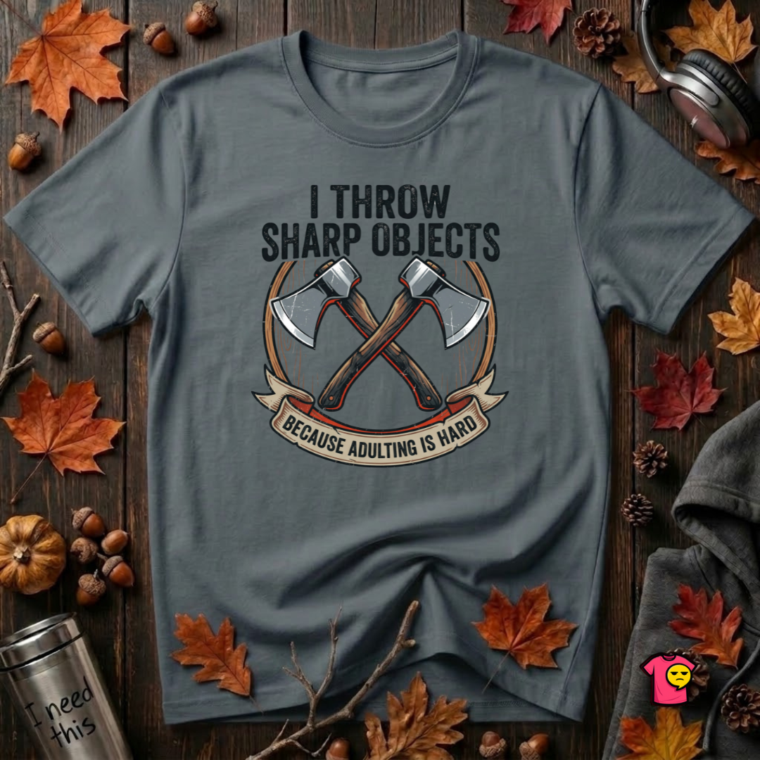 I Throw Sharp Objects sarcastic graphic t-shirt in Dark Gray by Snarky Sarks