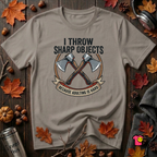 I Throw Sharp Objects sarcastic graphic t-shirt in Deep Heather by Snarky Sarks