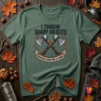 I Throw Sharp Objects sarcastic graphic t-shirt in Heather Forest by Snarky Sarks