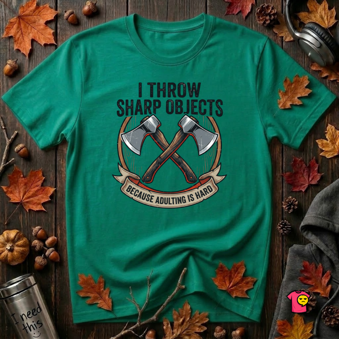 I Throw Sharp Objects sarcastic graphic t-shirt in Heather Kelly by Snarky Sarks