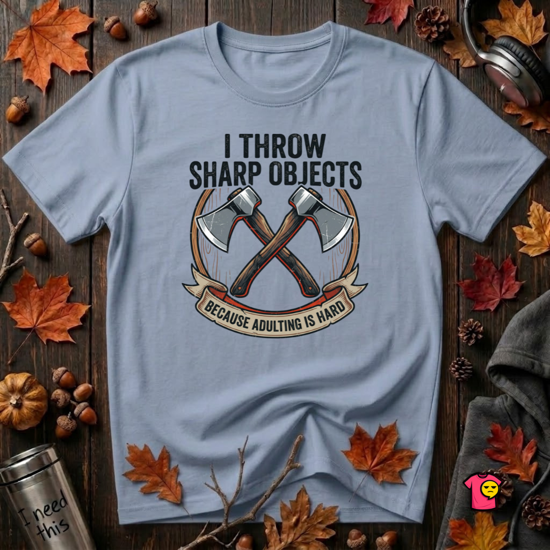 I Throw Sharp Objects sarcastic graphic t-shirt in Heather Prism Blue by Snarky Sarks