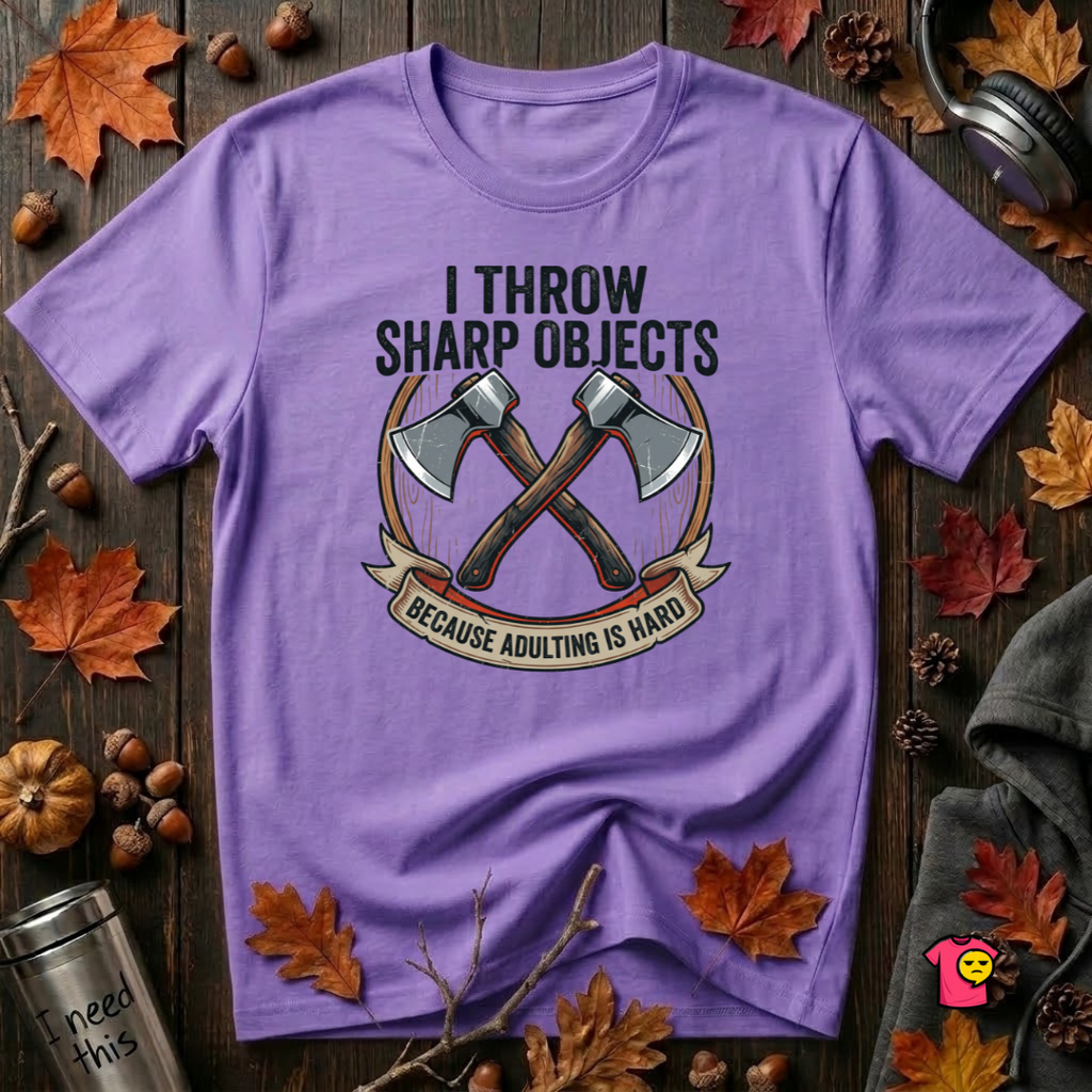 I Throw Sharp Objects sarcastic graphic t-shirt in Heather Team Purple by Snarky Sarks