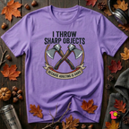 I Throw Sharp Objects sarcastic graphic t-shirt in Heather Team Purple by Snarky Sarks