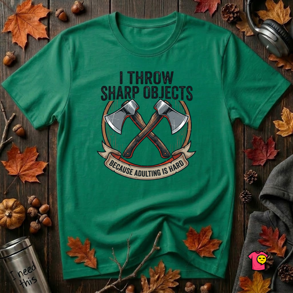 I Throw Sharp Objects sarcastic graphic t-shirt in Kelly by Snarky Sarks
