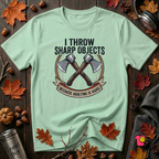 I Throw Sharp Objects sarcastic graphic t-shirt in Mint by Snarky Sarks