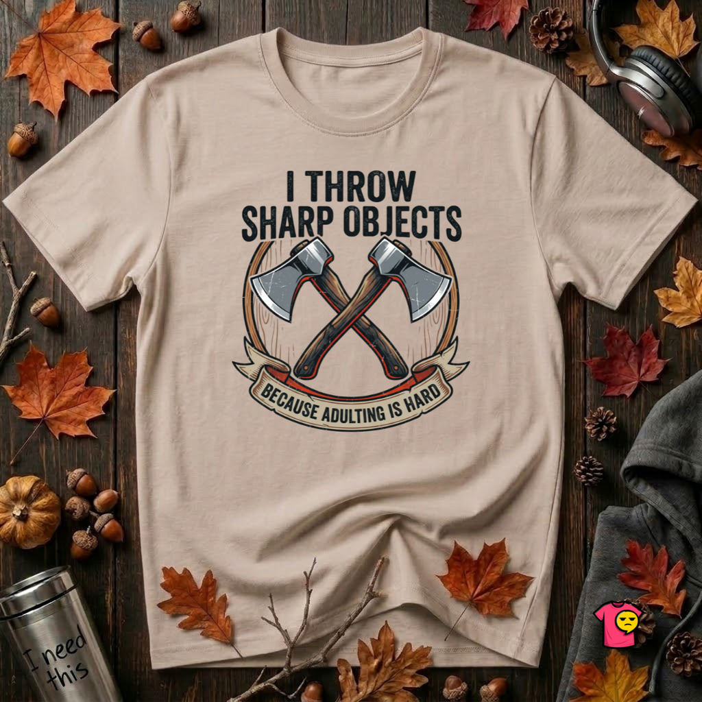 I Throw Sharp Objects sarcastic graphic t-shirt in Natural by Snarky Sarks