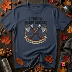 I Throw Sharp Objects sarcastic graphic t-shirt in Navy by Snarky Sarks