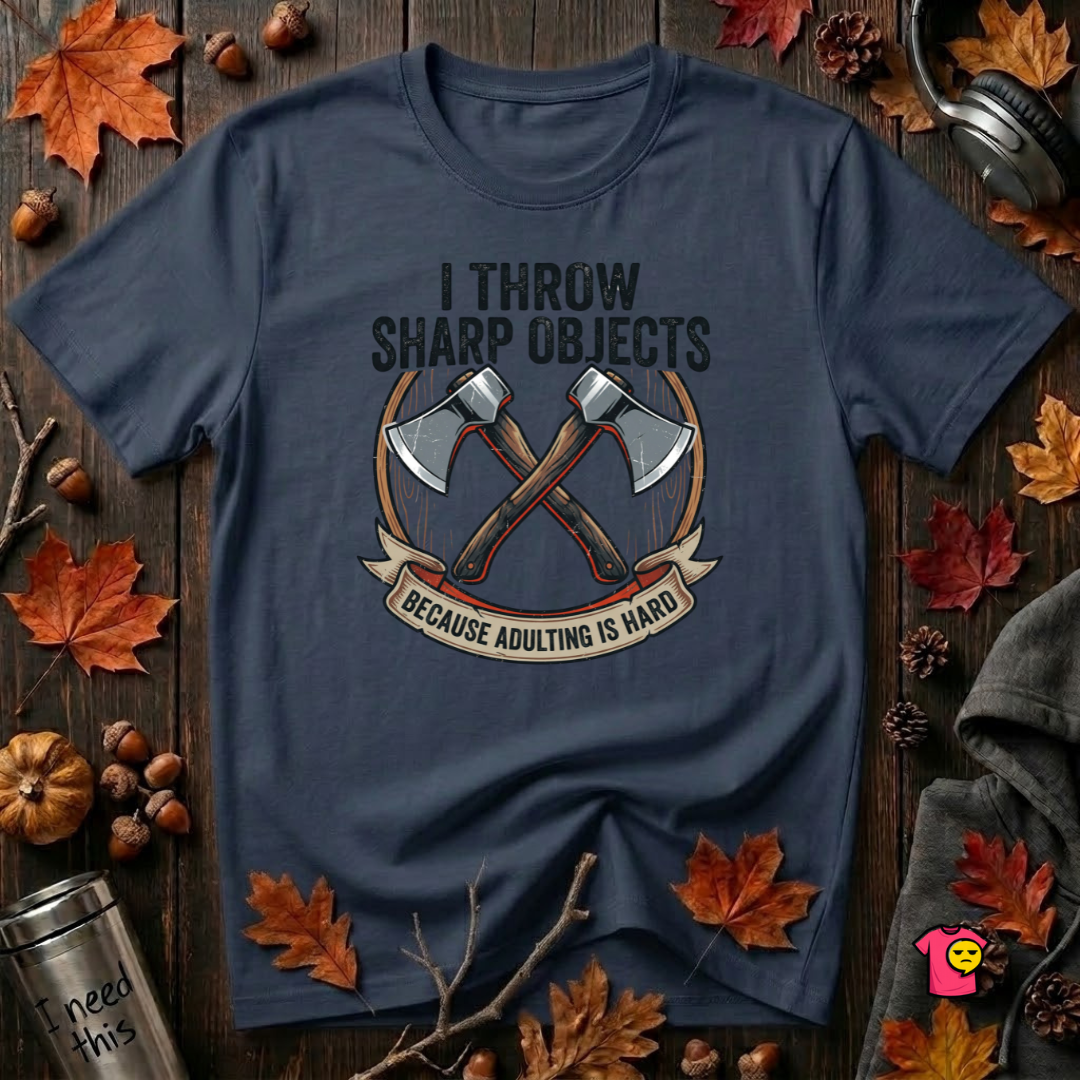 I Throw Sharp Objects sarcastic graphic t-shirt in Navy by Snarky Sarks