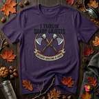 I Throw Sharp Objects sarcastic graphic t-shirt in Purple by Snarky Sarks