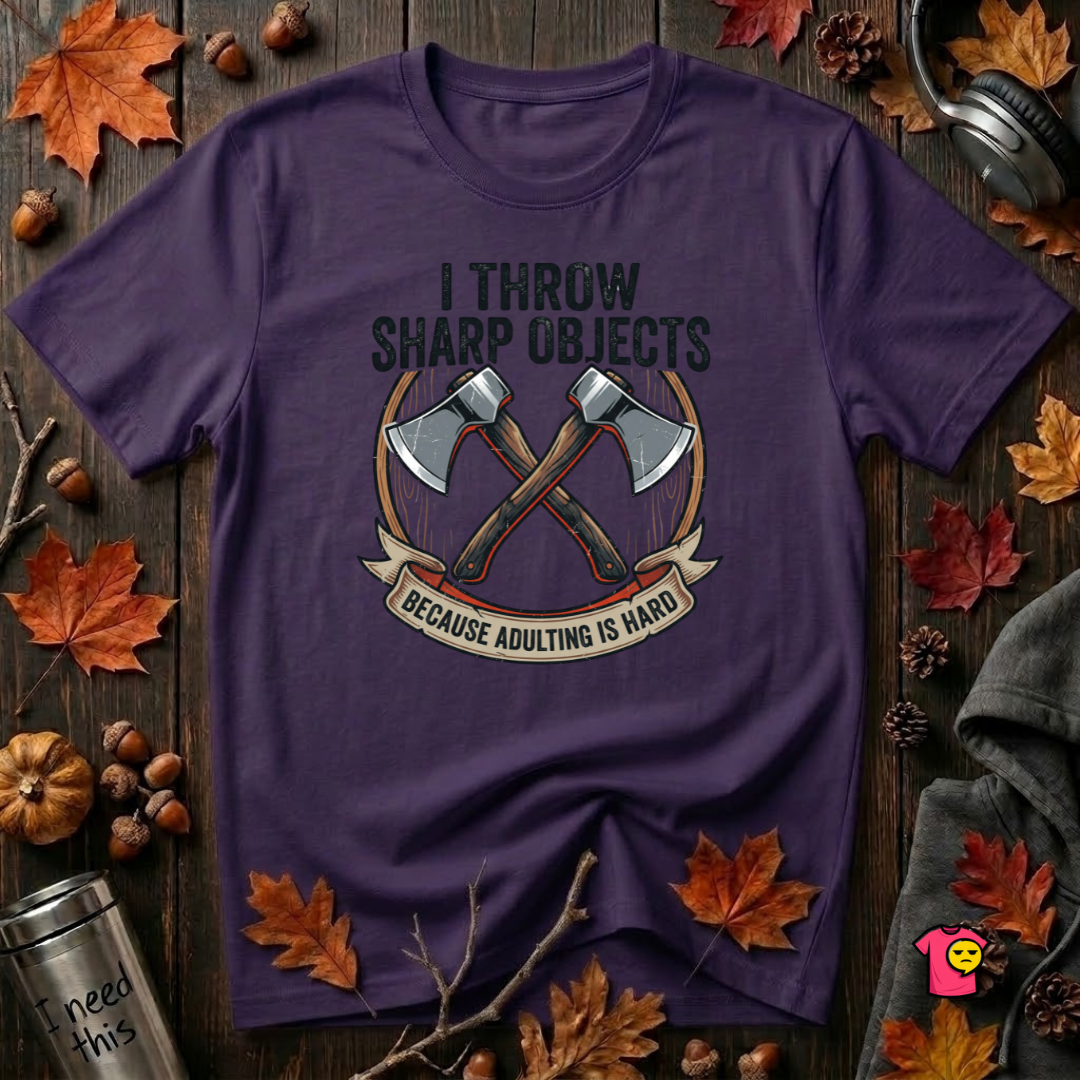 I Throw Sharp Objects sarcastic graphic t-shirt in Purple by Snarky Sarks