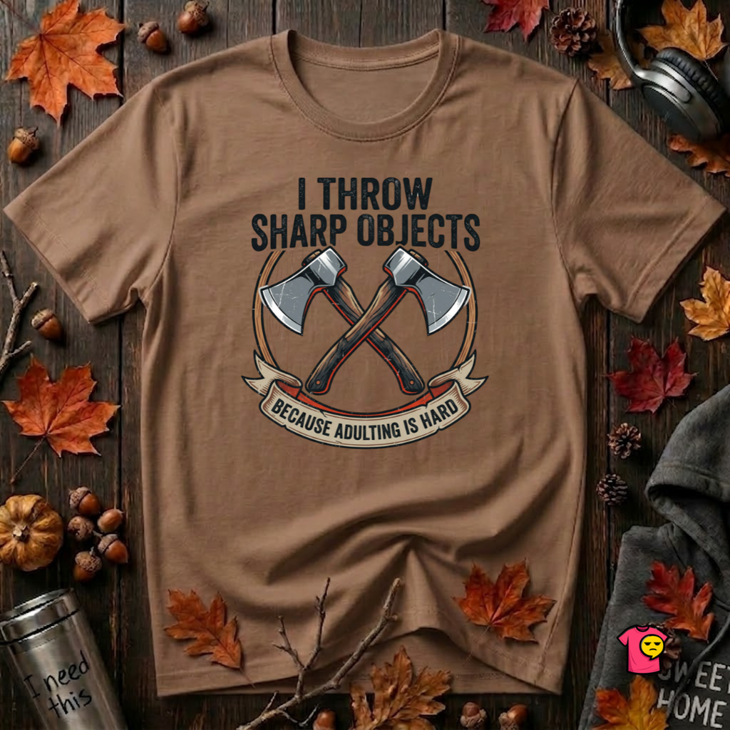 I Throw Sharp Objects sarcastic graphic t-shirt in Sand Dune by Snarky Sarks