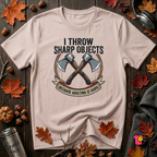 I Throw Sharp Objects sarcastic graphic t-shirt in Soft Pink by Snarky Sarks