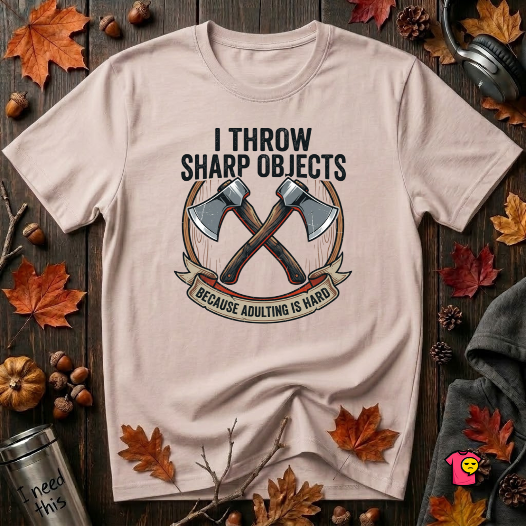 I Throw Sharp Objects sarcastic graphic t-shirt in Soft Pink by Snarky Sarks