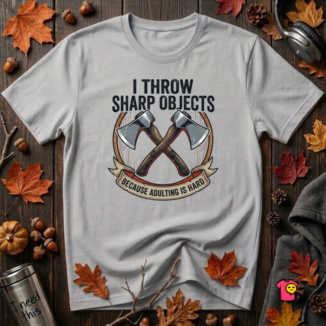 I Throw Sharp Objects sarcastic graphic t-shirt in Solid Athletic Gray by Snarky Sarks