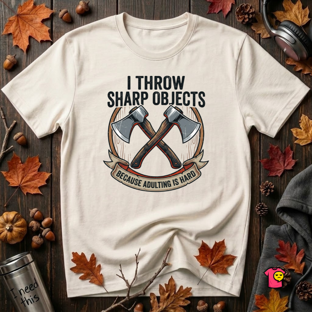 I Throw Sharp Objects sarcastic graphic t-shirt in White by Snarky Sarks