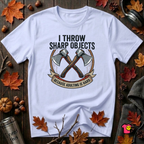 I Throw Sharp Objects sarcastic graphic t-shirt in Ash by Snarky Sarks