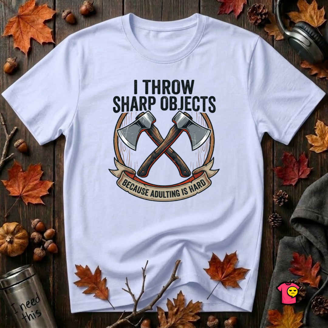 I Throw Sharp Objects sarcastic graphic t-shirt in Ash by Snarky Sarks