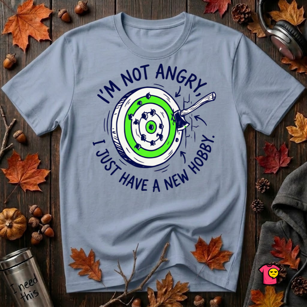 I'm Not Angry, I Just Have a New Hobby sarcastic graphic t-shirt in Heather Prism Blue by Snarky Sarks