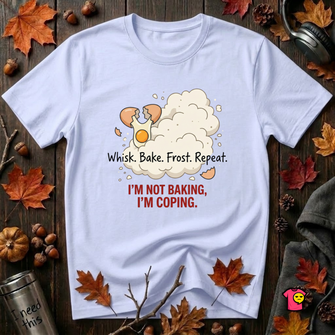 I'm Not Baking, I'm Coping sarcastic baking graphic t-shirt in Ash by Snarky Sarks