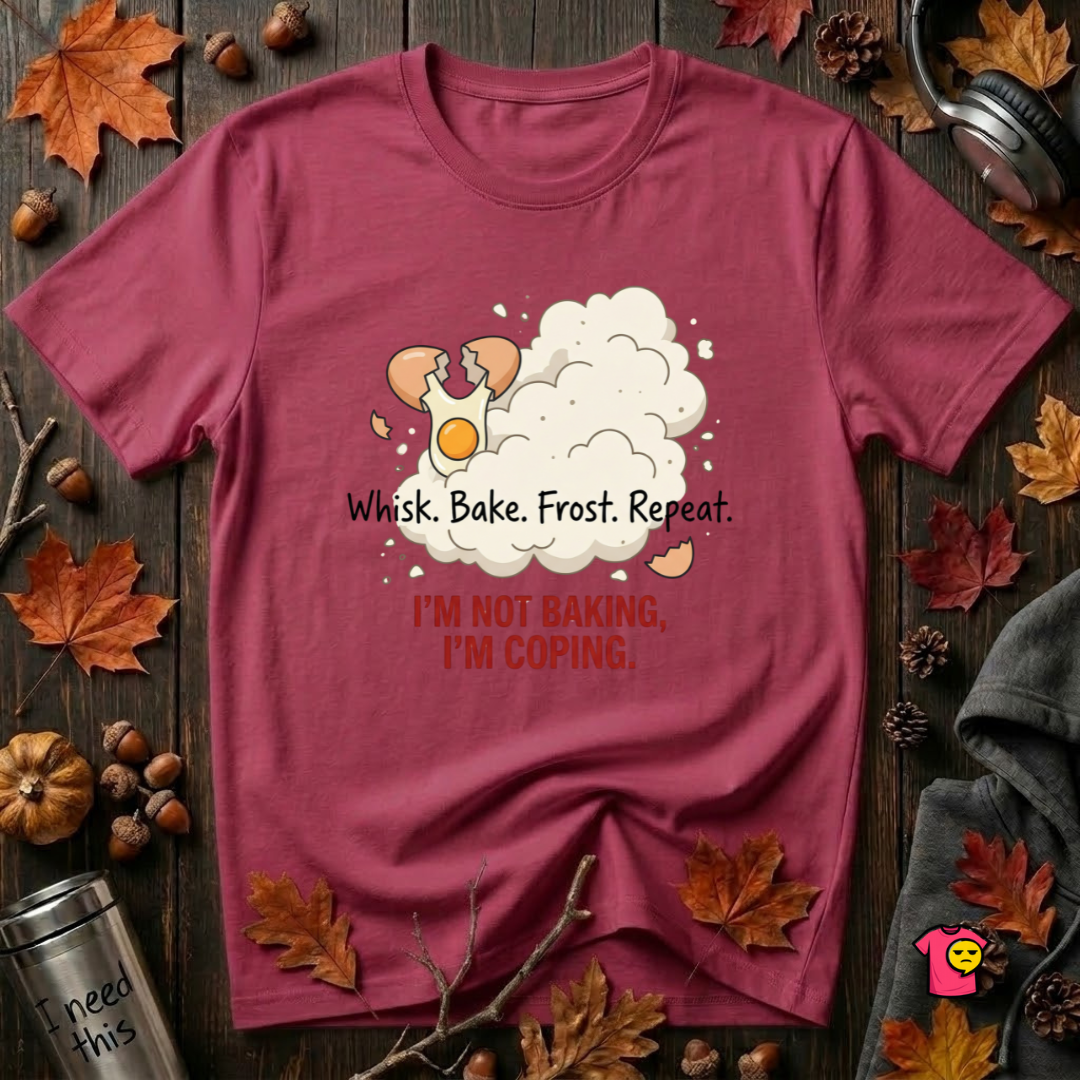 I'm Not Baking, I'm Coping sarcastic baking graphic t-shirt in Cardinal by Snarky Sarks