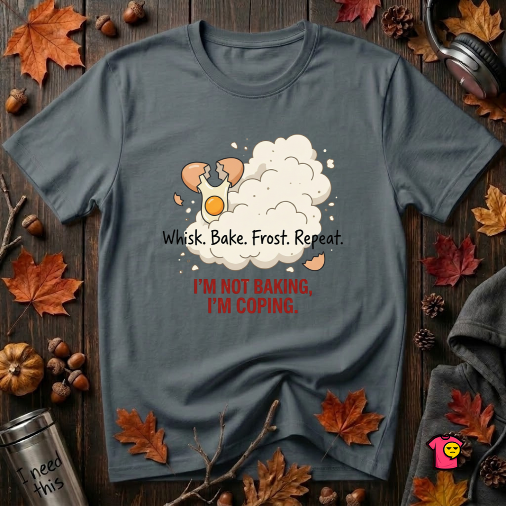 I'm Not Baking, I'm Coping sarcastic baking graphic t-shirt in Dark Gray by Snarky Sarks