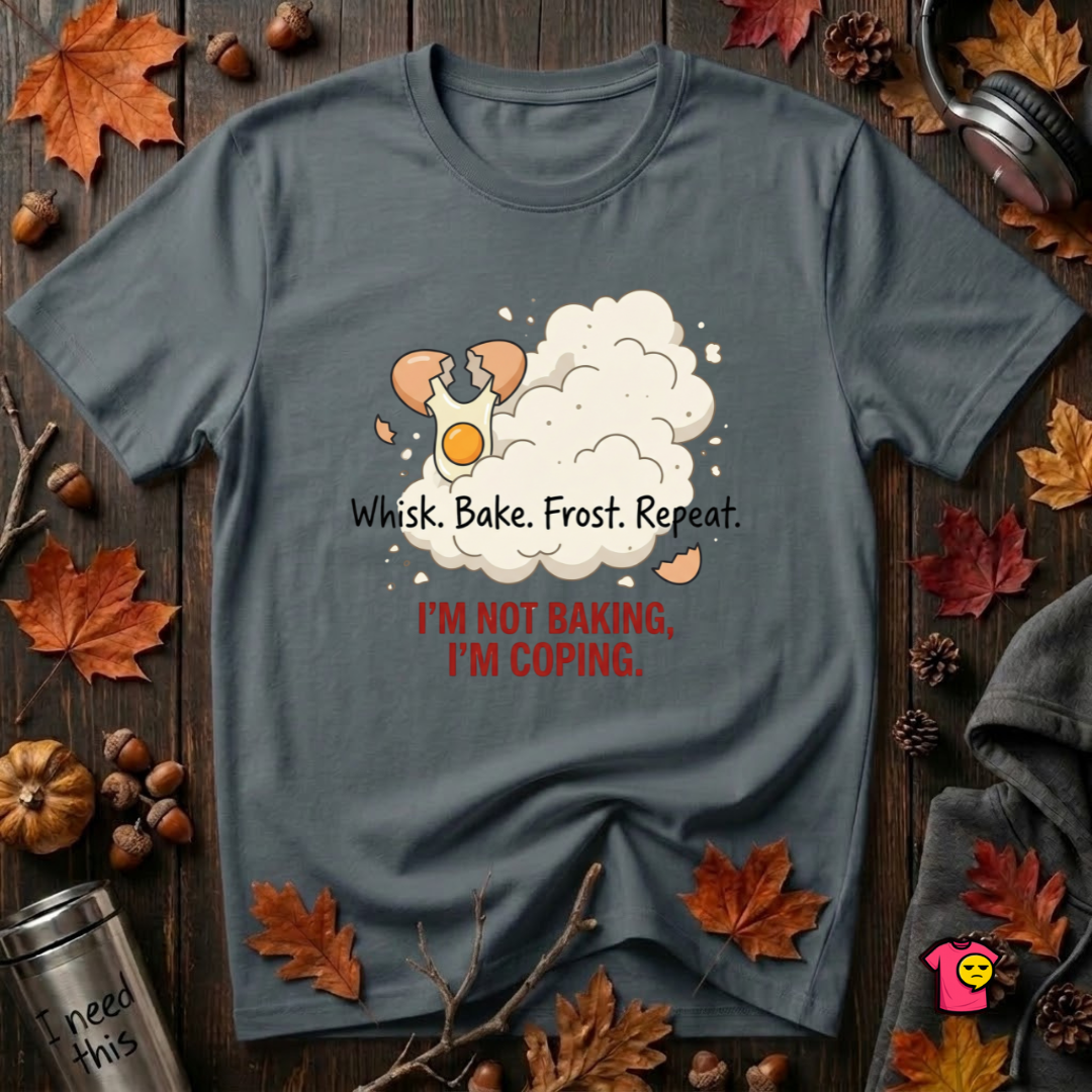 I'm Not Baking, I'm Coping sarcastic baking graphic t-shirt in Dark Gray by Snarky Sarks