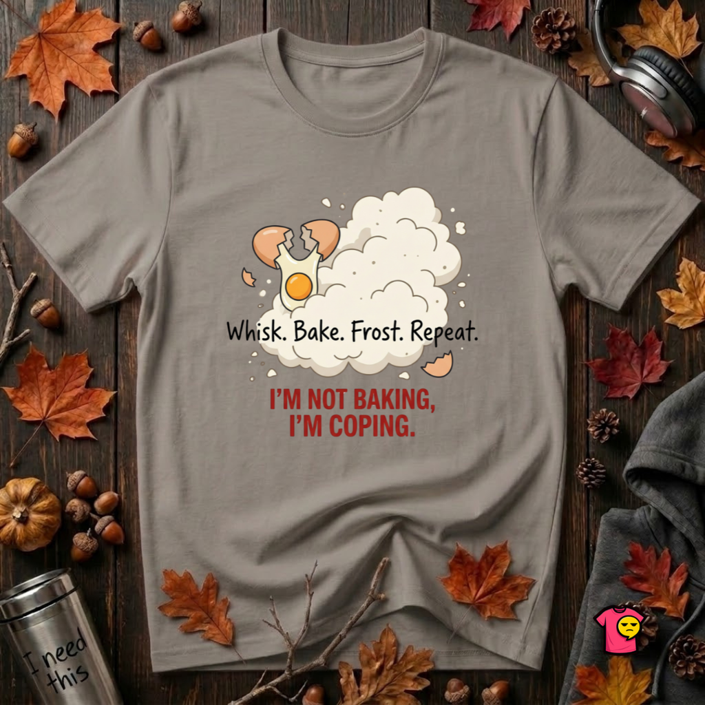 I'm Not Baking, I'm Coping sarcastic baking graphic t-shirt in Deep Heather by Snarky Sarks