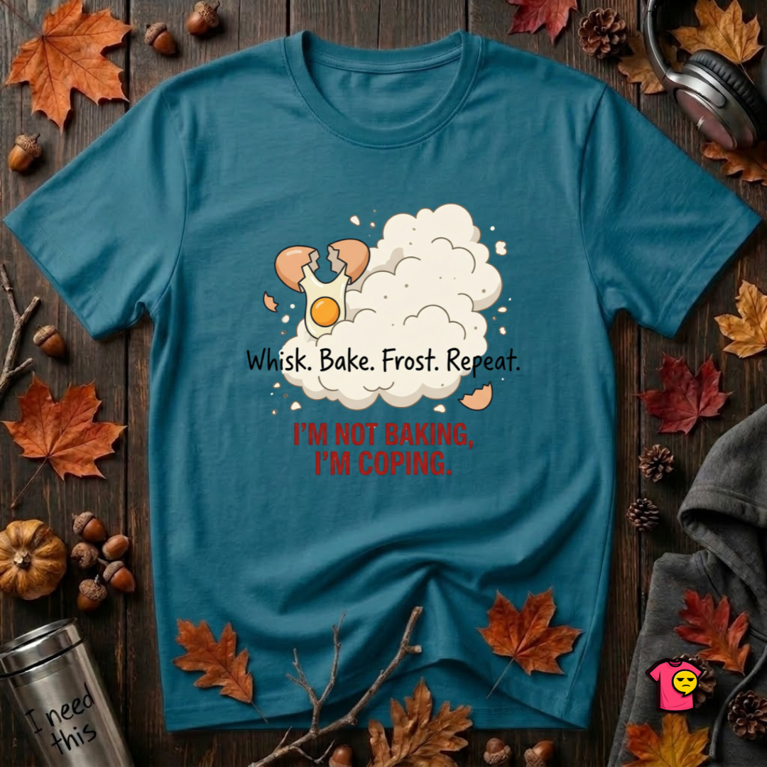 I'm Not Baking, I'm Coping sarcastic baking graphic t-shirt in Deep Teal by Snarky Sarks