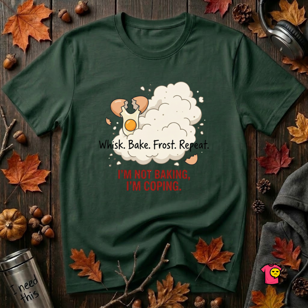 I'm Not Baking, I'm Coping sarcastic baking graphic t-shirt in Forest by Snarky Sarks