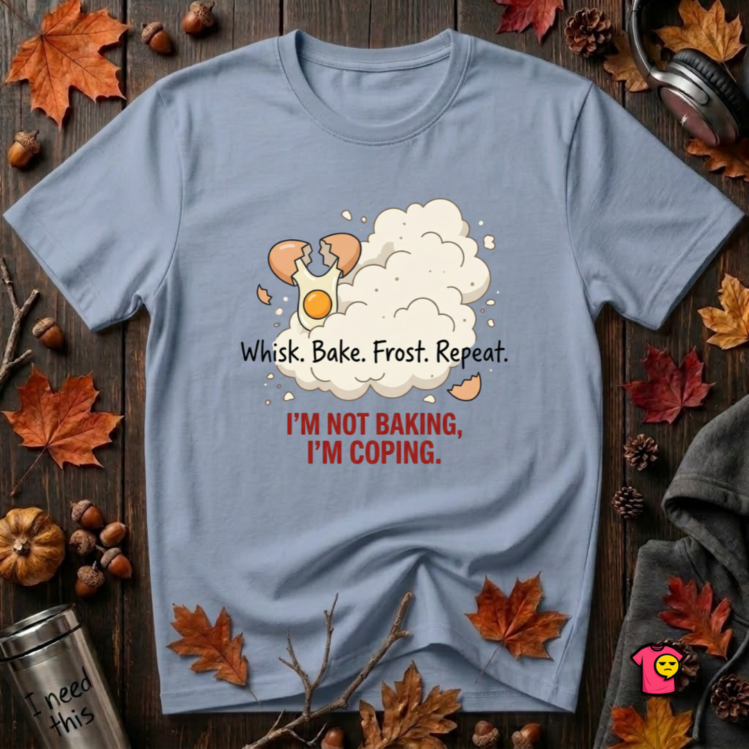 I'm Not Baking, I'm Coping sarcastic baking graphic t-shirt in Heather Prism Blue by Snarky Sarks