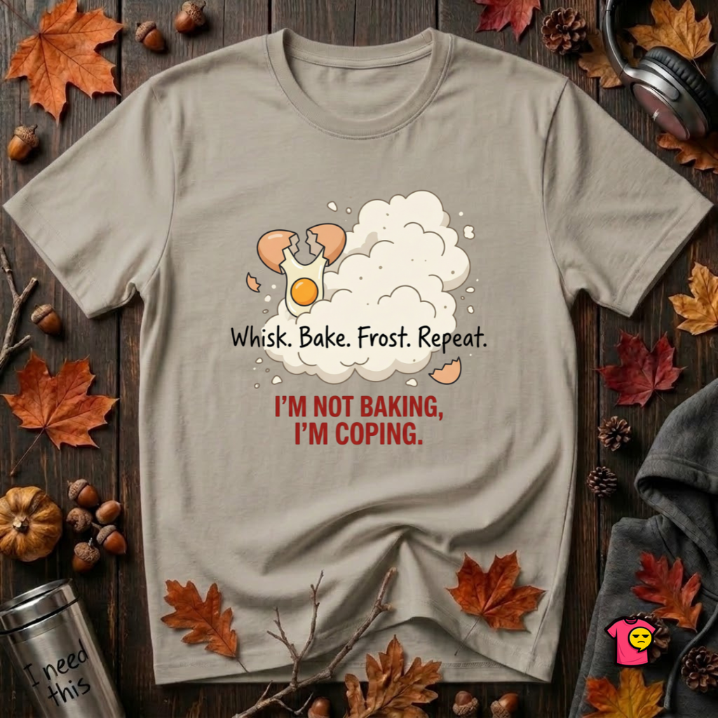 I'm Not Baking, I'm Coping sarcastic baking graphic t-shirt in Heather Stone by Snarky Sarks