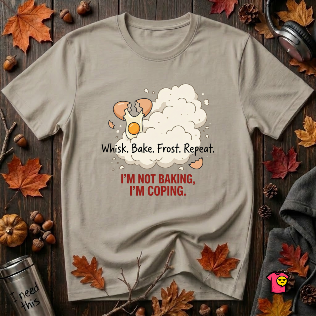 I'm Not Baking, I'm Coping sarcastic baking graphic t-shirt in Heather Stone by Snarky Sarks